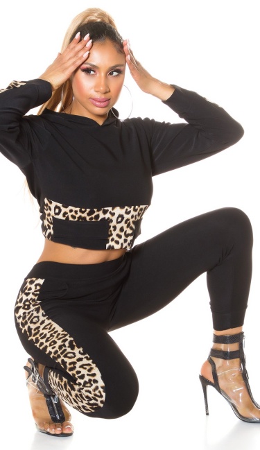 Trendy 2-piece loungewear set met luipaard print zwart